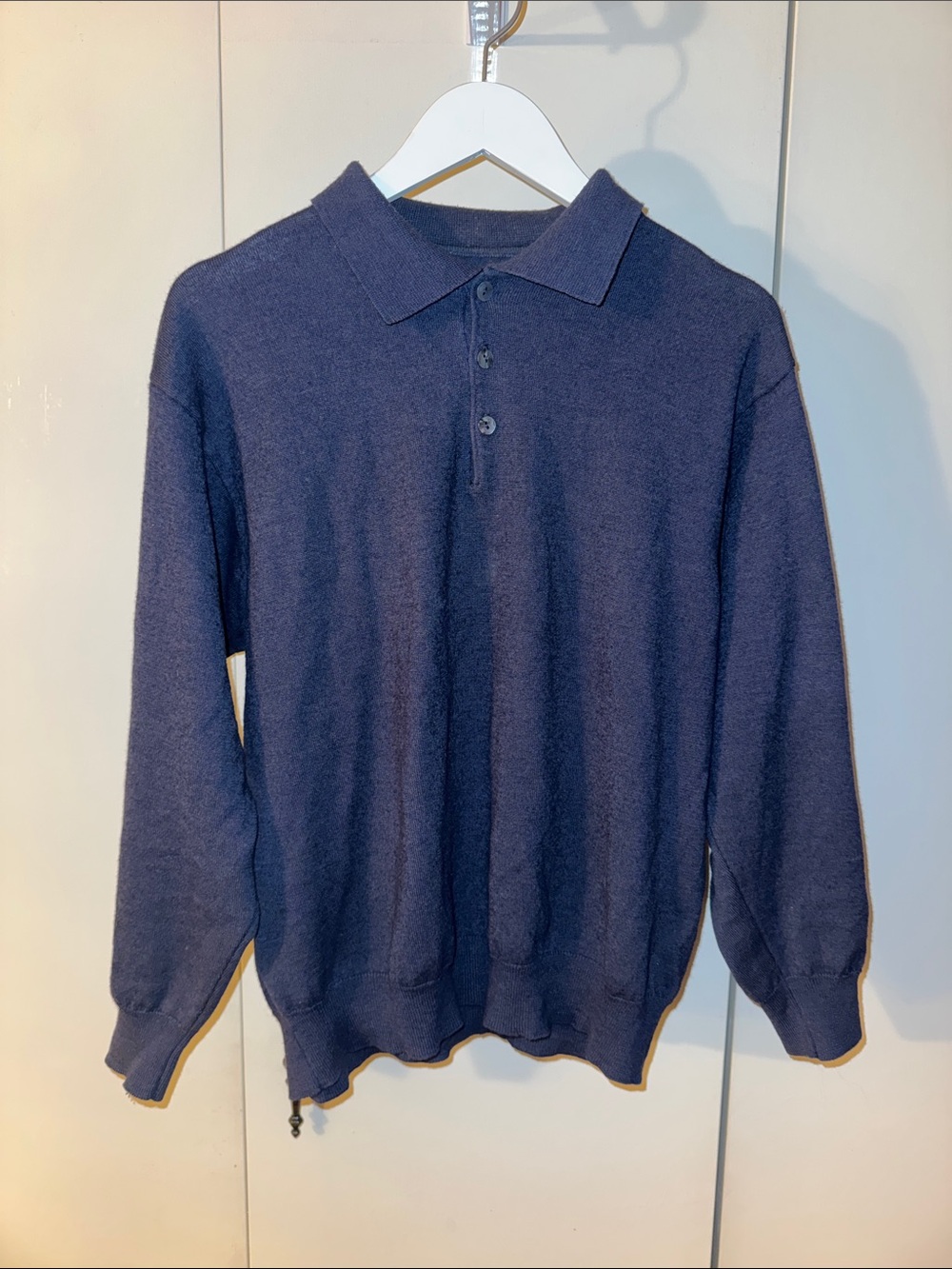 Wool Navy Long-Sleeve Polo Sweater